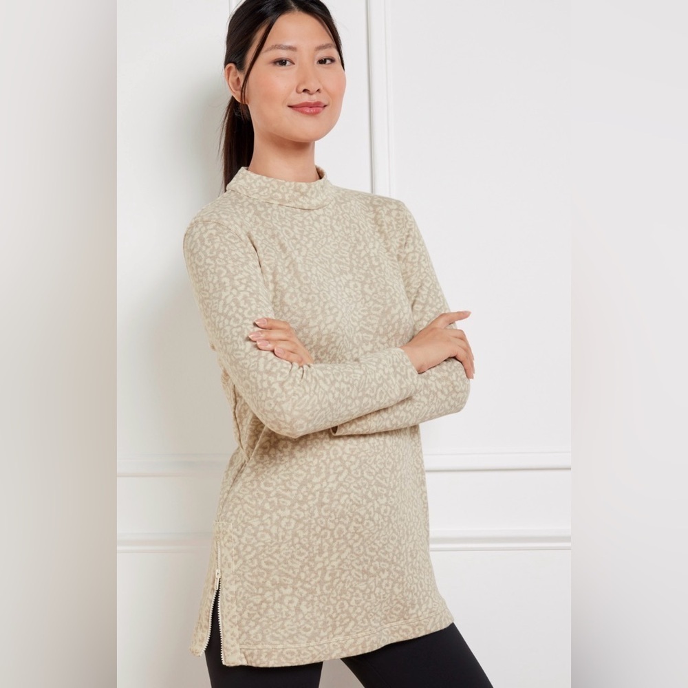 T by Talbots Leopard Jacquard Pullover XL | Ivory Oat Mock Neck Zip Hem Sweater